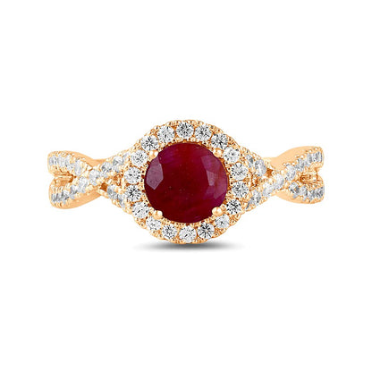 6.0mm Ruby and 0.5 CT. TW Lab-Grown Diamond Frame Crossover Shank Ring in 14K Rose Gold