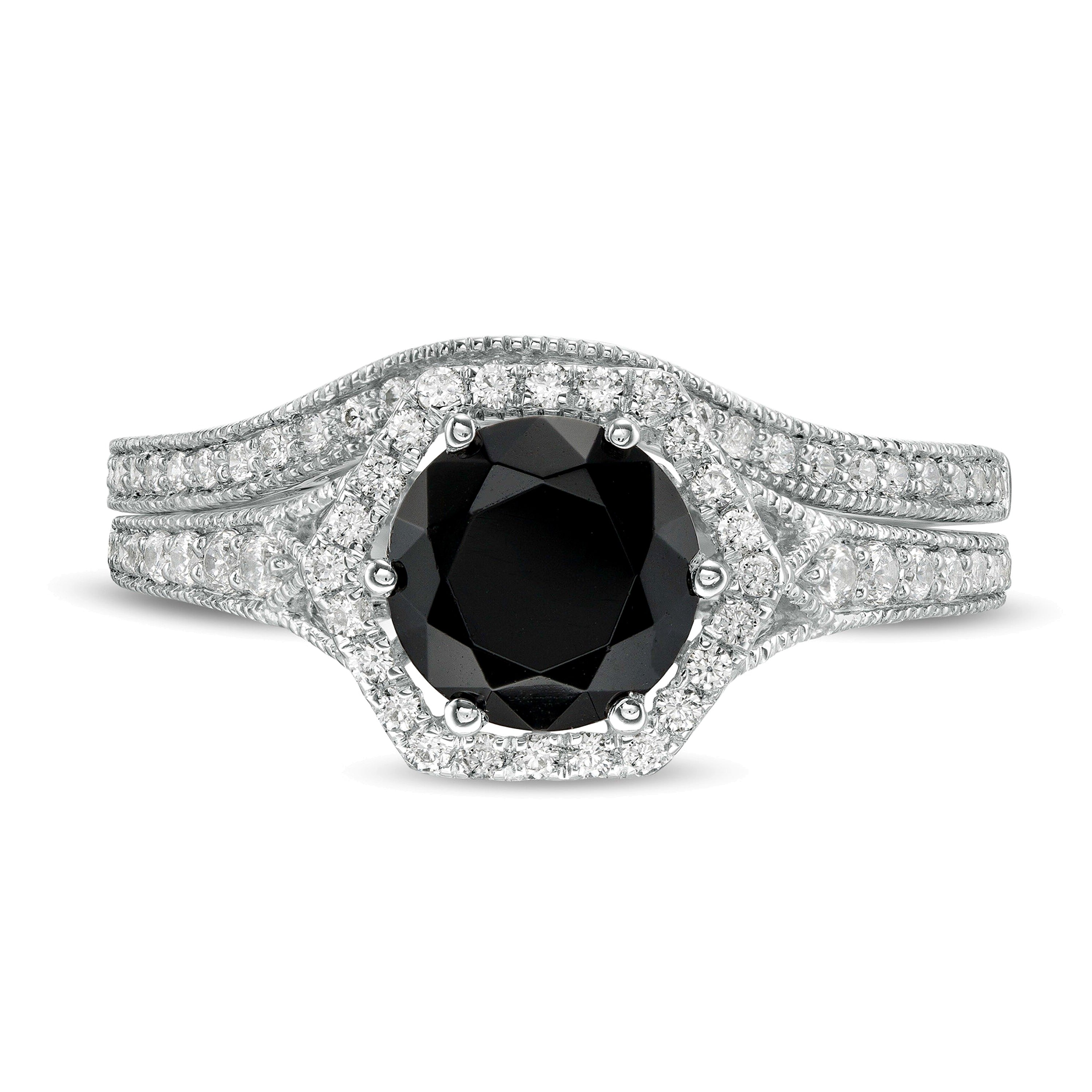 7.0mm Lab-Created Black Sapphire and 0.38 CT. TW Diamond Hexagonal Frame Vintage-Style Bridal Set in 10K White Gold