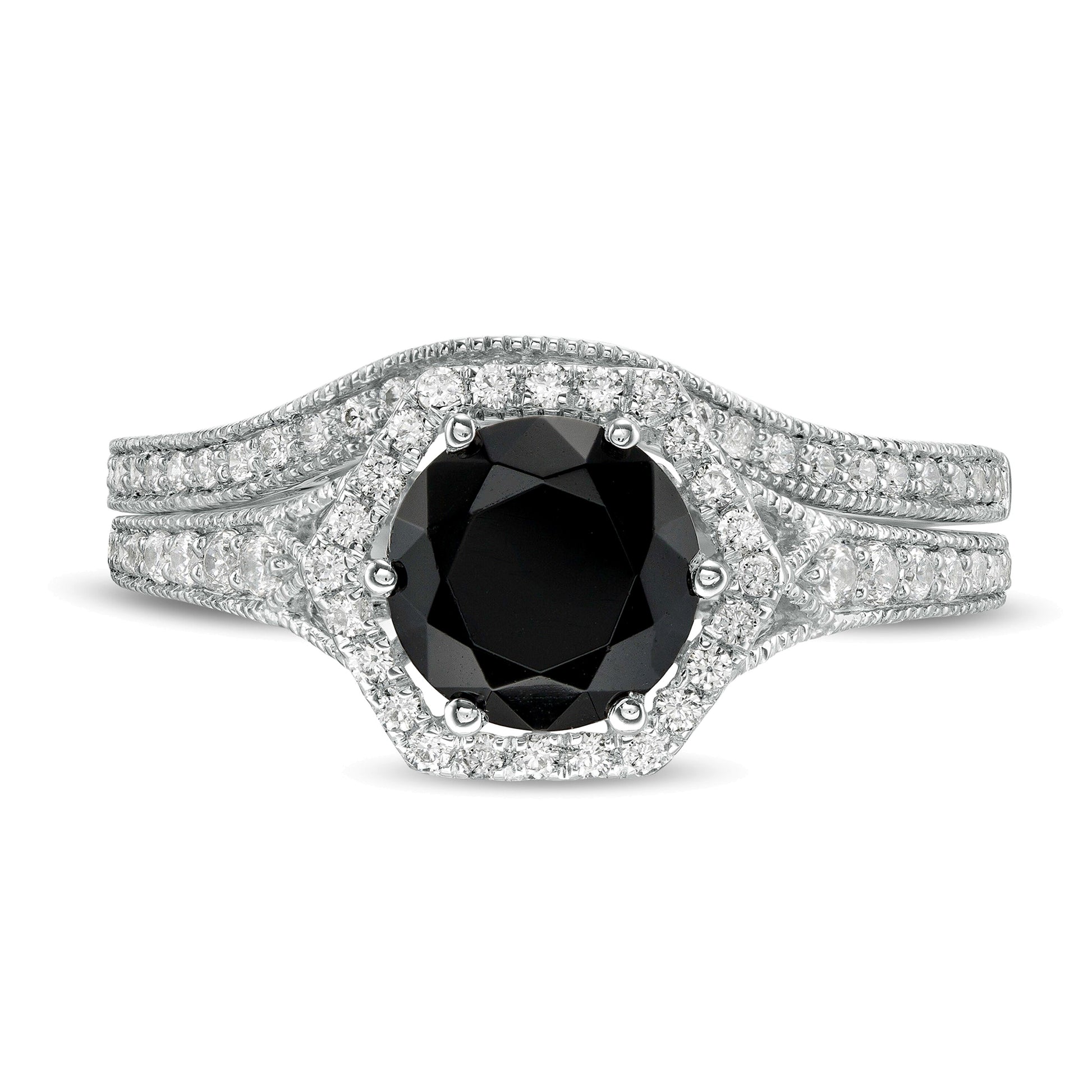 7.0mm Lab-Created Black Sapphire and 0.38 CT. TW Diamond Hexagonal Frame Vintage-Style Bridal Set in 10K White Gold