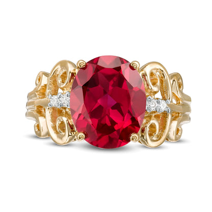 Oval Lab-Created Ruby and 0.05 CT. TW Diamond Vintage-Style Scroll Ring in 10K Gold