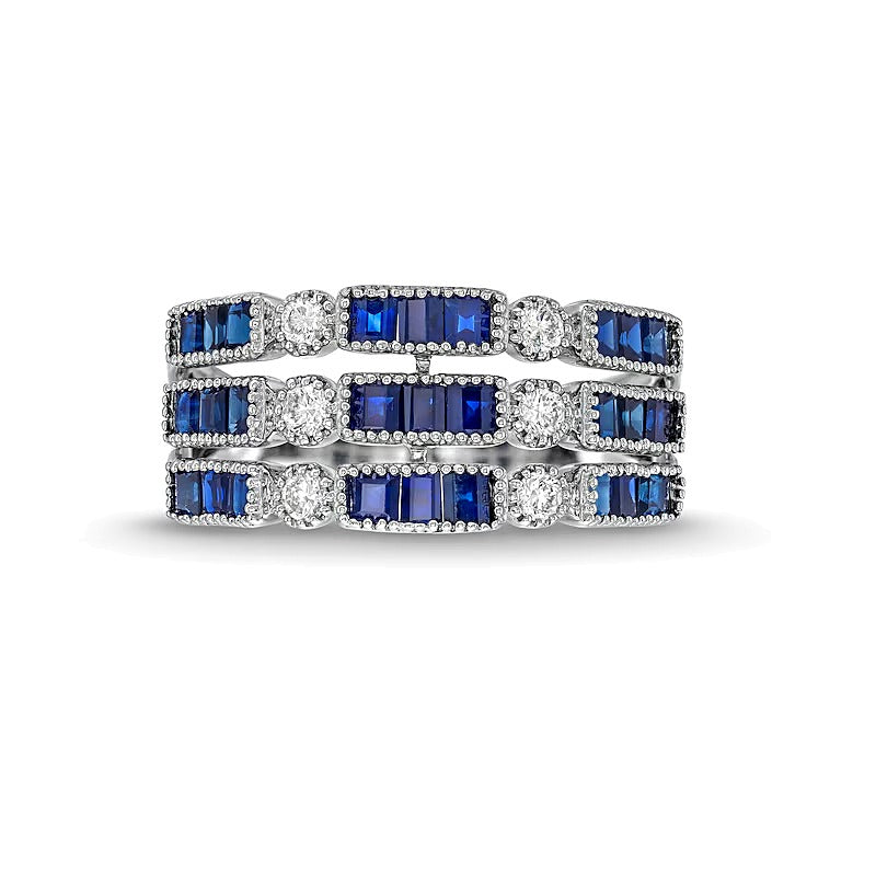 Baguette-Cut Blue Sapphire and 0.2 CT. TW Diamond Vintage-Style Stacked Triple Row Ring in 14K White Gold