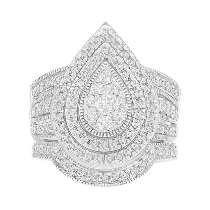 1.25 CT. TW Pear-Shaped Multi-Diamond Frame Multi-Row Vintage-Style Bridal Set in 10K White Gold