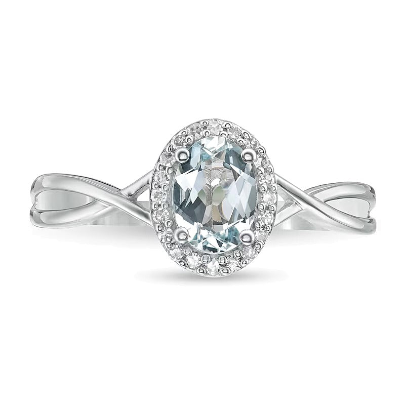 Oval Aquamarine and 0.07 CT. TW Diamond Frame Twist Shank Ring in 10K White Gold
