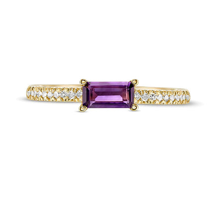 Sideways Baguette Amethyst and 0.1 CT. TW Diamond Stackable Ring in 10K Gold