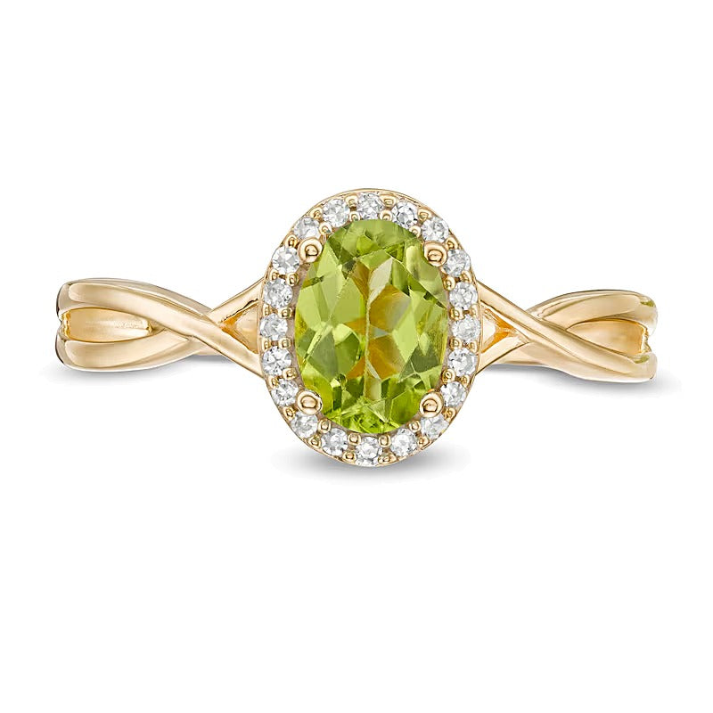 Oval Peridot and 0.07 CT. TW Diamond Frame Twist Shank Ring in 10K Gold