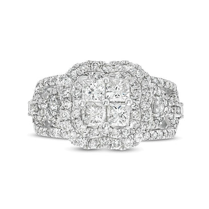 2.5 CT. TW Quad Princess-Cut Diamond Double Quatrefoil Frame Engagement Ring in 14K White Gold