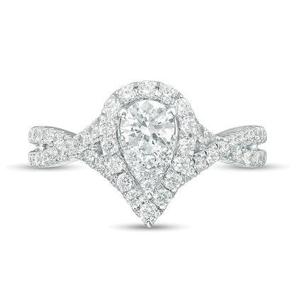 1.25 CT. TW Composite Diamond Pear-Shaped Frame Twist Shank Engagement Ring in 14K White Gold