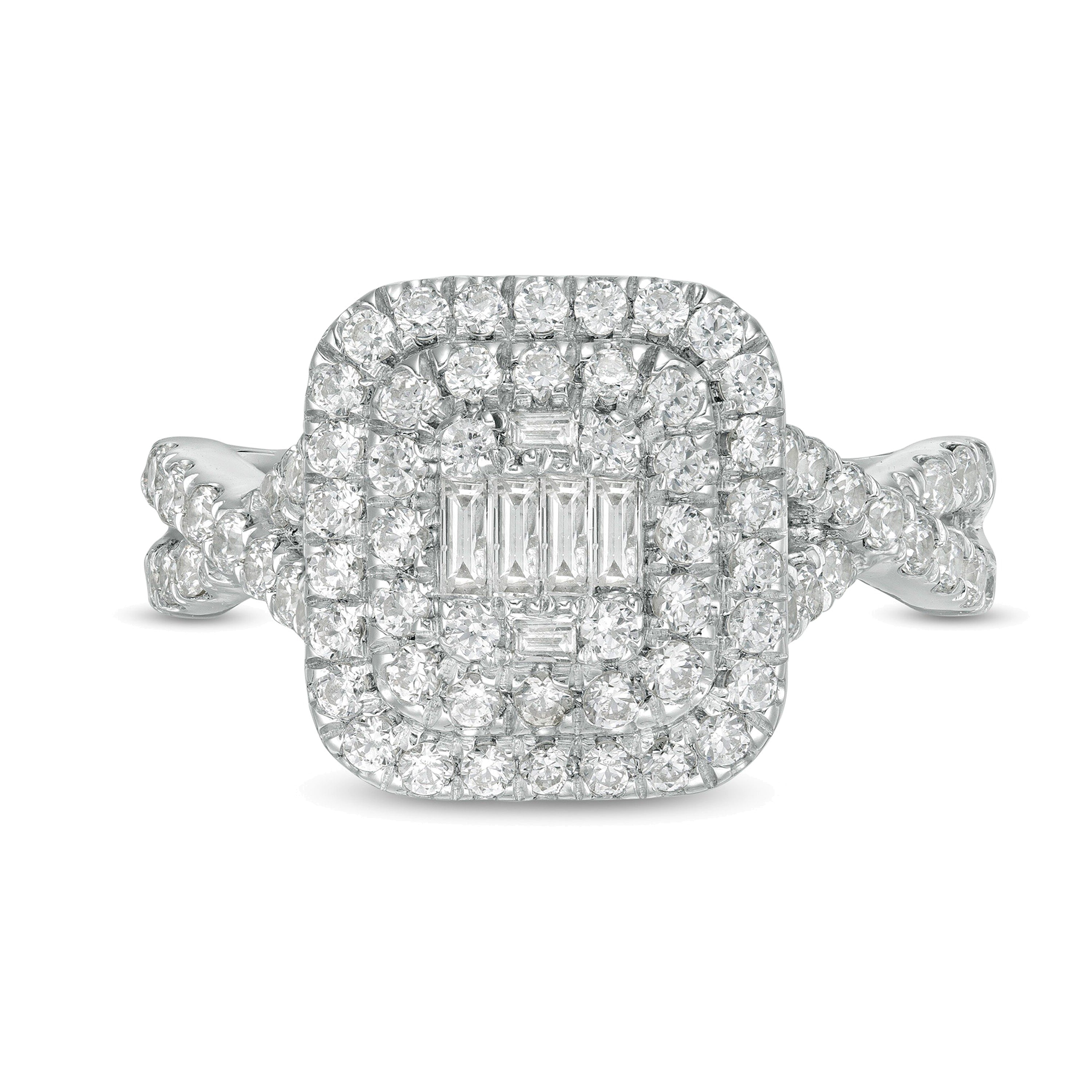 1.0 CT. TW Composite Diamond Double Cushion Frame Twist Shank Engagement Ring in 10K White Gold
