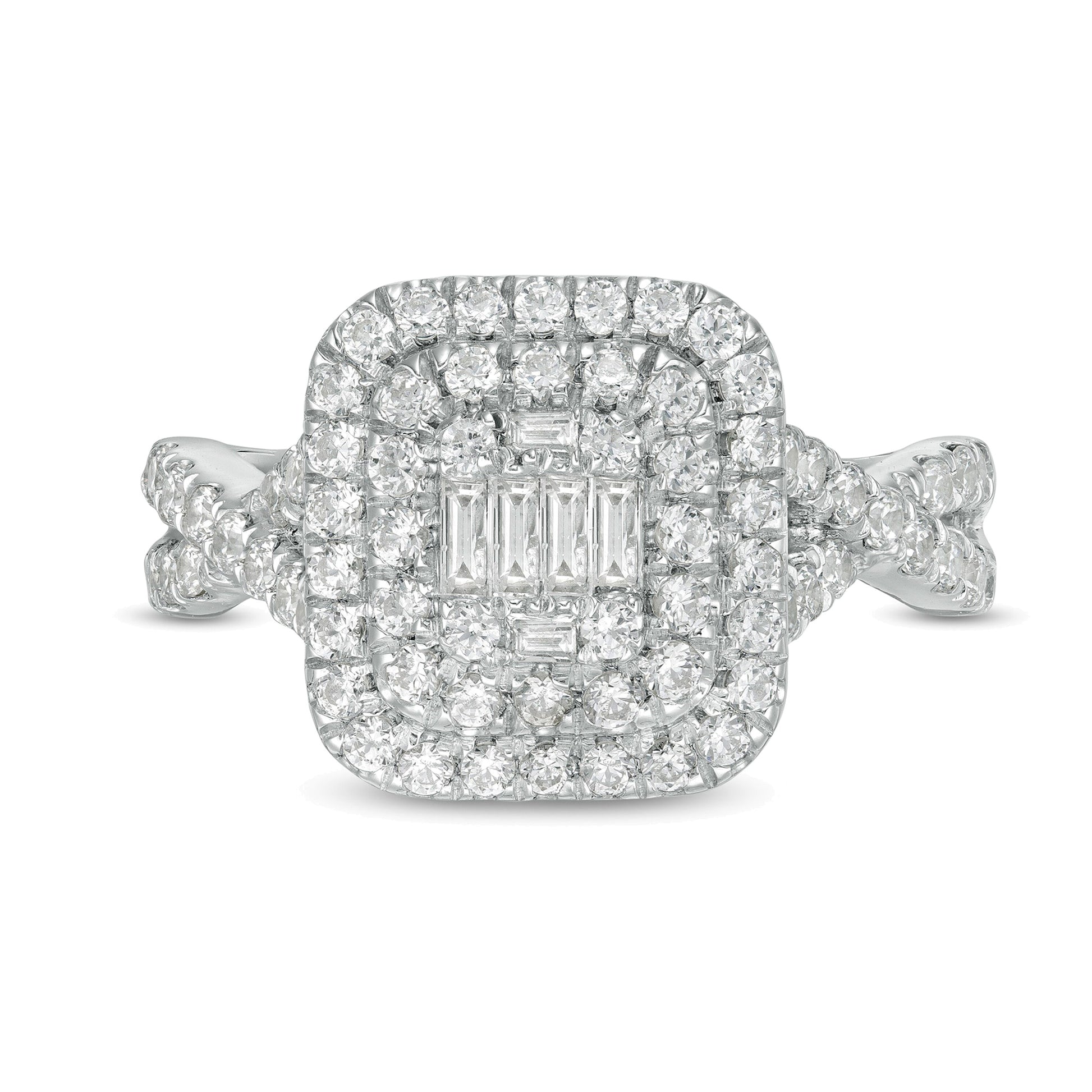 1.0 CT. TW Composite Diamond Double Cushion Frame Twist Shank Engagement Ring in 10K White Gold