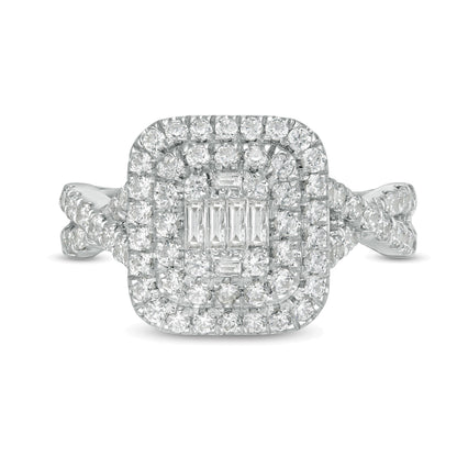 1.0 CT. TW Composite Diamond Double Cushion Frame Twist Shank Engagement Ring in 10K White Gold