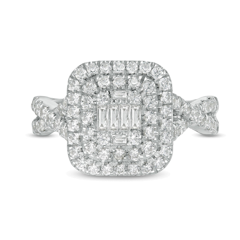 1.0 CT. TW Composite Diamond Double Cushion Frame Twist Shank Engagement Ring in 10K White Gold