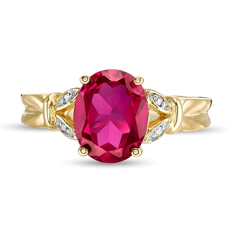 Oval Lab-Created Ruby and Diamond Accent Leaf Split Shank Ring in 10K Gold