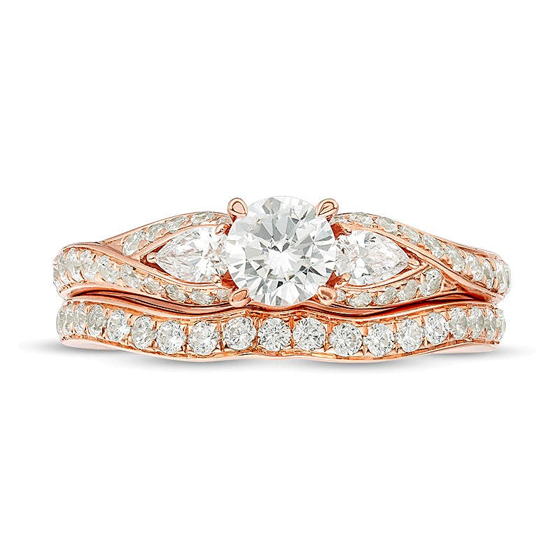 1.38 CT. TW Diamond Bypass Three Stone Bridal Set in 14K Rose Gold