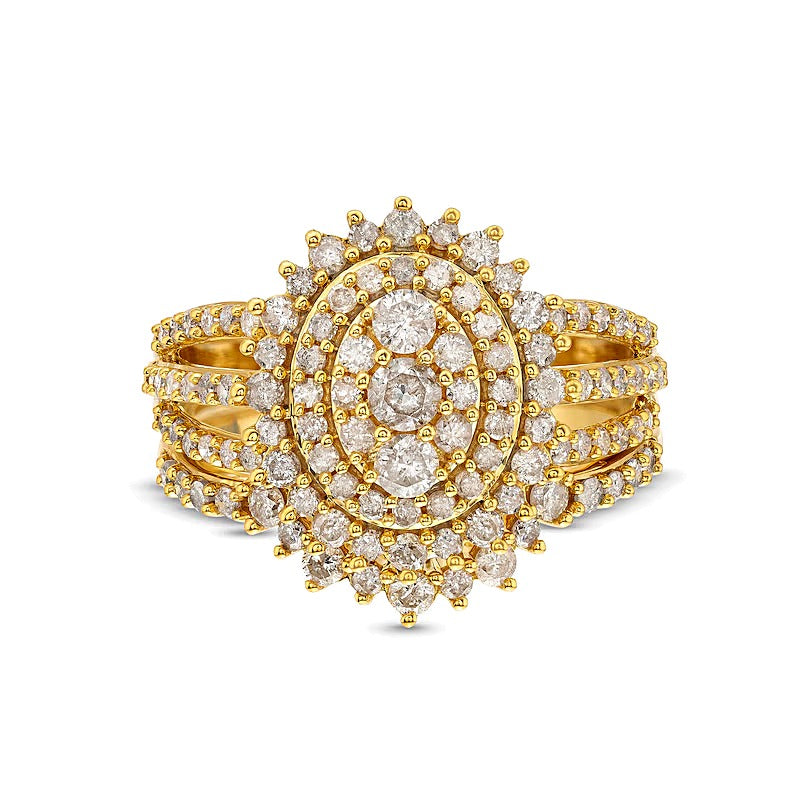 1.25 CT. TW Oval Multi-Diamond Sunburst Frame Split Shank Bridal Set in 10K Gold