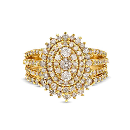 1.25 CT. TW Oval Multi-Diamond Sunburst Frame Split Shank Bridal Set in 10K Gold