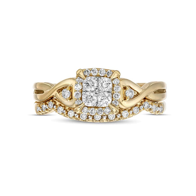 0.33 CT. TW Quad Diamond Cushion-Shaped Frame Twist Shank Bridal Set in 10K Gold