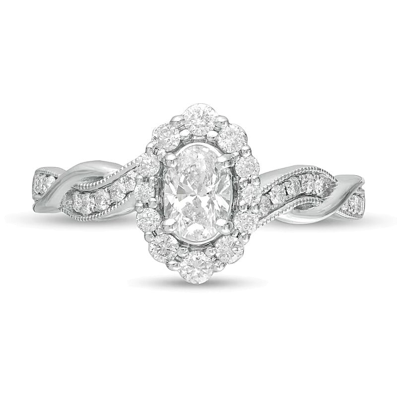 0.75 CT. TW Oval Diamond Frame Twist Shank Vintage-Style Engagement Ring in 10K White Gold