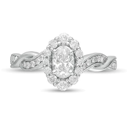 0.75 CT. TW Oval Diamond Frame Twist Shank Vintage-Style Engagement Ring in 10K White Gold