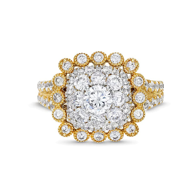 2.0 CT. TW Cushion Multi-Diamond Bubble Frame Vintage-Style Engagement Ring in 10K Gold