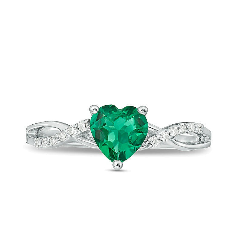 6.0mm Heart-Shaped Lab-Created Emerald and 0.05 CT. TW Diamond Twist Shank Ring in 10K White Gold
