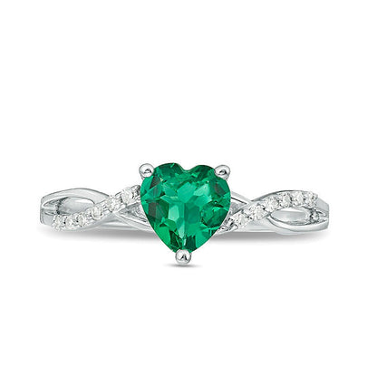 6.0mm Heart-Shaped Lab-Created Emerald and 0.05 CT. TW Diamond Twist Shank Ring in 10K White Gold