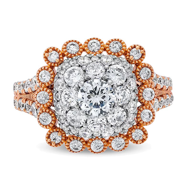 2.0 CT. TW Cushion Multi-Diamond Bubble Frame Vintage-Style Engagement Ring in 10K Rose Gold