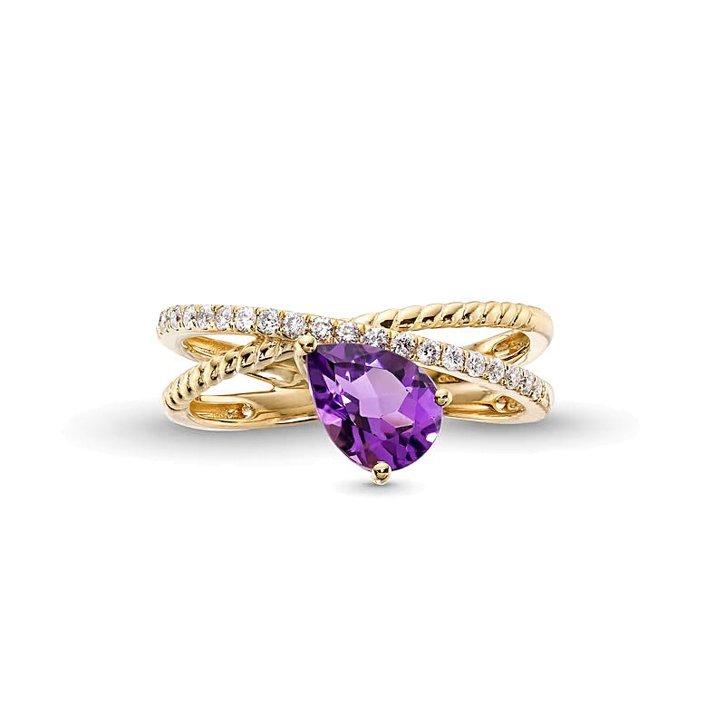 Pear-Shaped Amethyst and 0.2 CT. TW Diamond Orbit Ring in 10K Gold