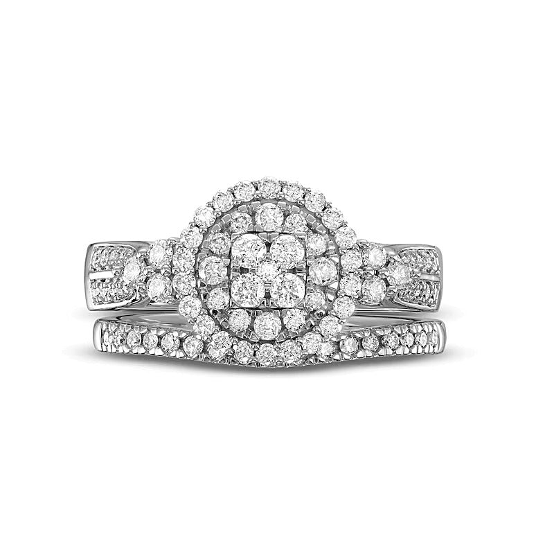 0.75 CT. TW Multi-Diamond Frame Tri-Sides Double Row Cathedral Shank Bridal Set in 14K White Gold