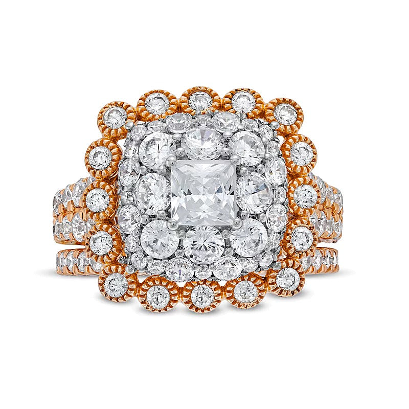 2.75 CT. TW Cushion Multi-Diamond Bubble Frame Vintage-Style Bridal Set in 10K Rose Gold
