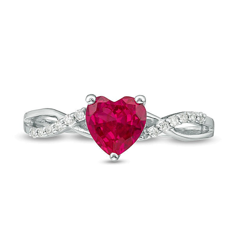 6.0mm Heart-Shaped Lab-Created Ruby and 0.05 CT. TW Diamond Twist Shank Ring in 10K White Gold