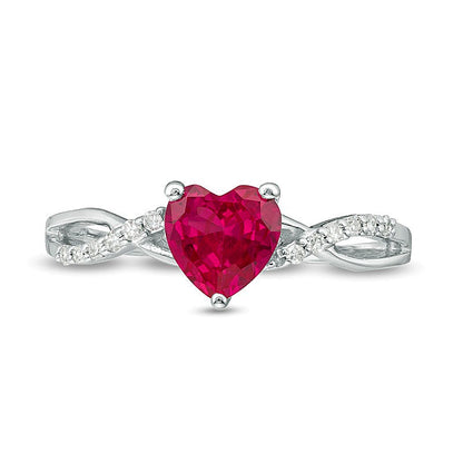 6.0mm Heart-Shaped Lab-Created Ruby and 0.05 CT. TW Diamond Twist Shank Ring in 10K White Gold