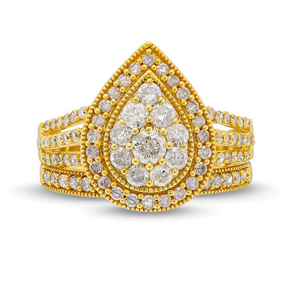1.25 CT. TW Pear Multi-Diamond Teardrop Frame Split Shank Vintage-Style Bridal Set in 10K Gold