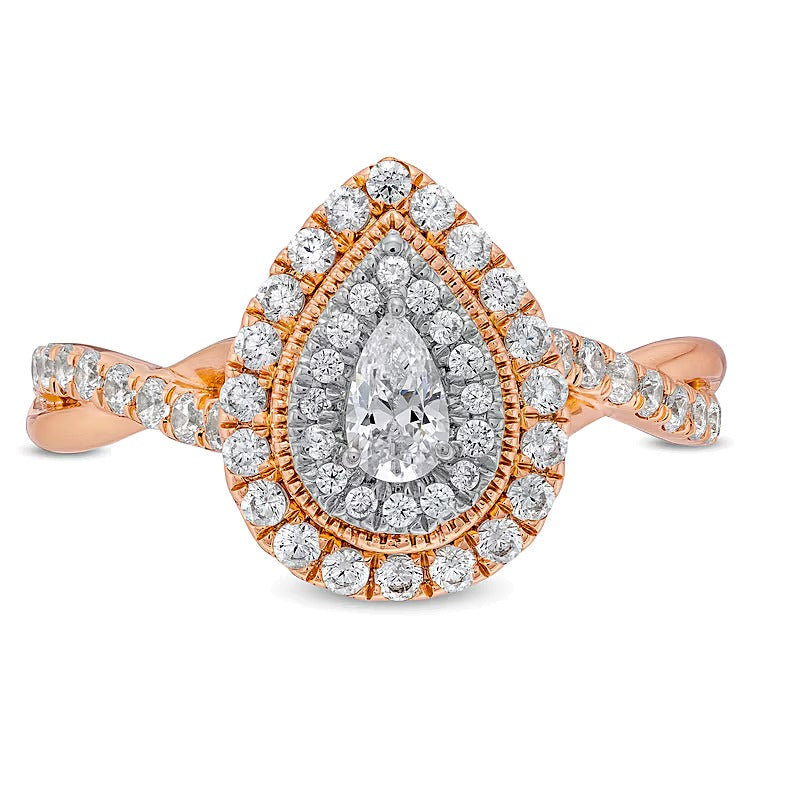 0.75 CT. TW Pear-Shaped Diamond Double Frame Twist Shank Engagement Ring in 10K Rose Gold