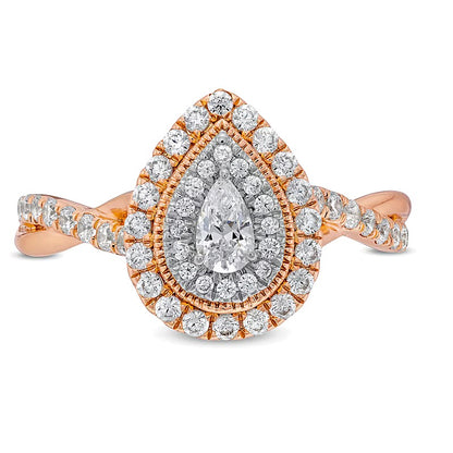 0.75 CT. TW Pear-Shaped Diamond Double Frame Twist Shank Engagement Ring in 10K Rose Gold