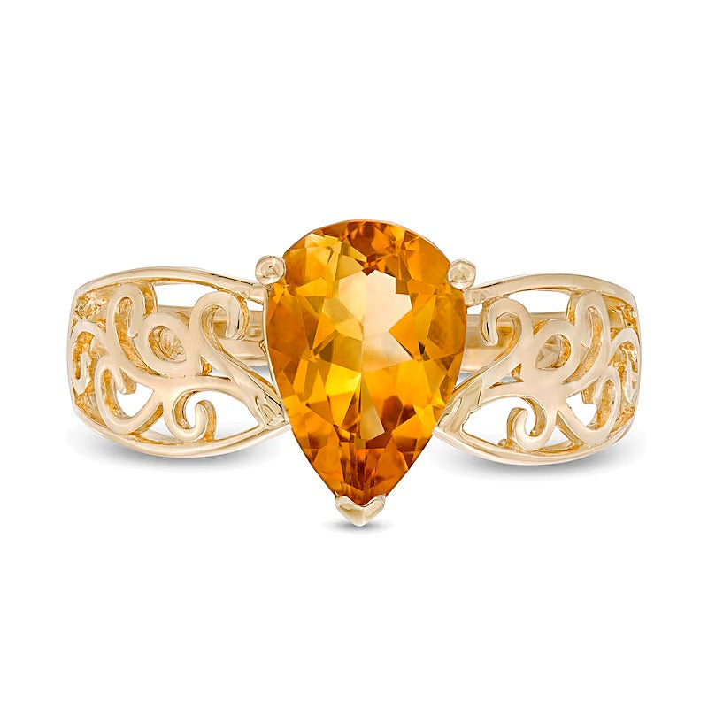 Pear-Shaped Citrine Wide Filigree Ring in 10K Gold