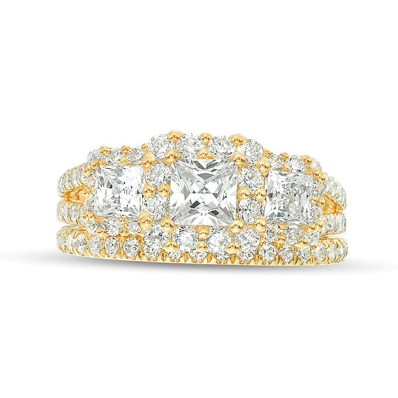 2.2 CT. TW Princess-Cut Diamond Three Stone Frame Bridal Set in 14K Gold