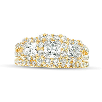 2.2 CT. TW Princess-Cut Diamond Three Stone Frame Bridal Set in 14K Gold