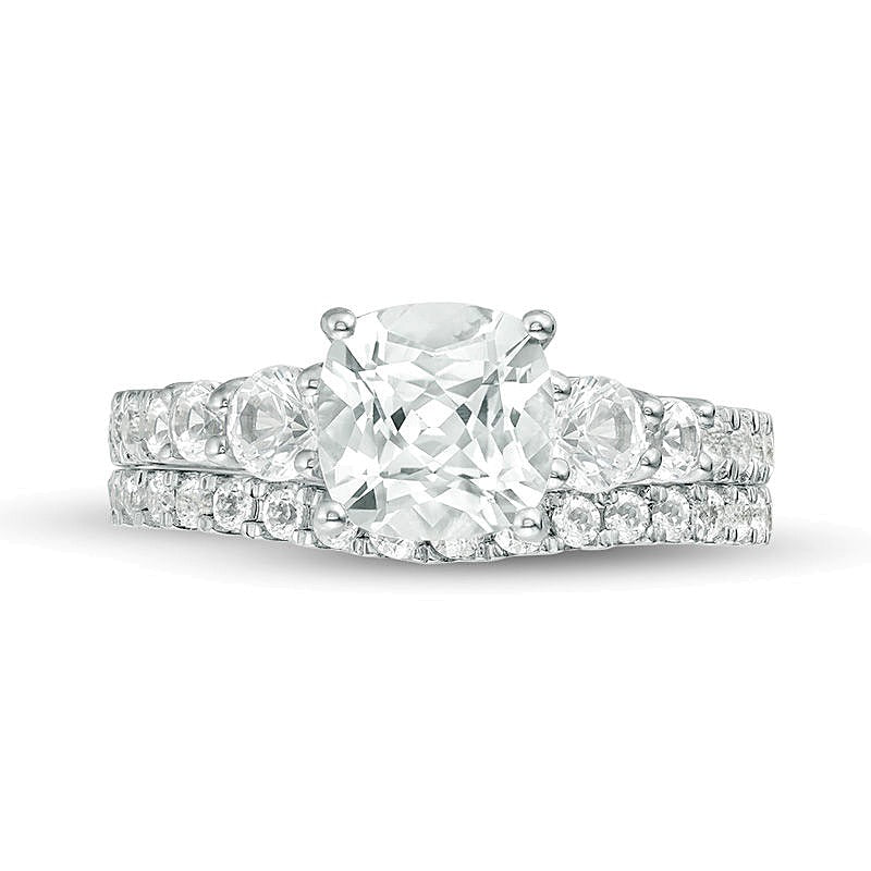 7.0mm Cushion-Cut Lab-Created White Sapphire Bridal Set in Sterling Silver