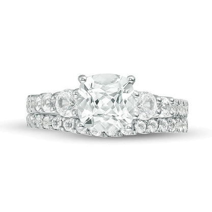 7.0mm Cushion-Cut Lab-Created White Sapphire Bridal Set in Sterling Silver