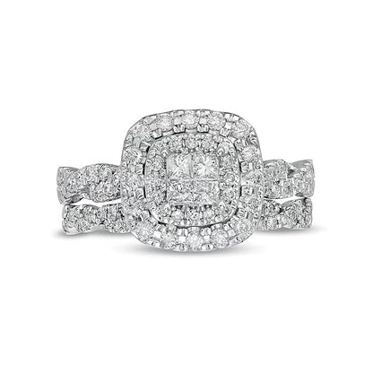 1.0 CT. TW Quad Princess-Cut Diamond Double Cushion-Shaped Frame Twist Shank Bridal Set in 14K White Gold