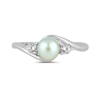 6.0mm Freshwater Cultured Pearl and 0.2 CT. TW Lab-Grown Diamond Three Stone Bypass Ring in 14K White Gold