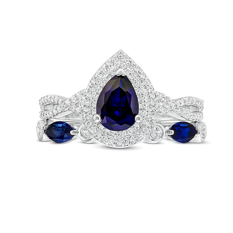 Pear-Shaped Lab-Created Blue and White Sapphire Double Frame Twist Shank Art Deco Bridal Set in Sterling Silver