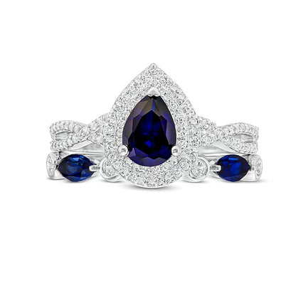 Pear-Shaped Lab-Created Blue and White Sapphire Double Frame Twist Shank Art Deco Bridal Set in Sterling Silver