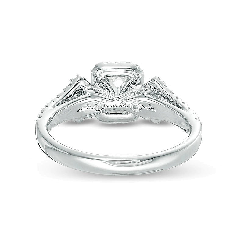 1.0 CT. TW Emerald-Cut Diamond Frame Past Present FutureÂ® Ornate Engagement Ring in 14K White Gold (I/I1)