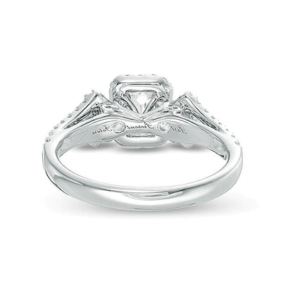 1.0 CT. TW Emerald-Cut Diamond Frame Past Present FutureÂ® Ornate Engagement Ring in 14K White Gold (I/I1)