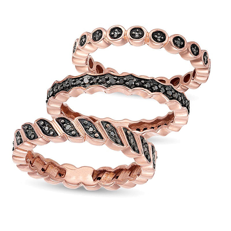 0.25 CT. TW Black Diamond Three Piece Stackable Band Set in Sterling Silver with 14K Rose Gold Plate