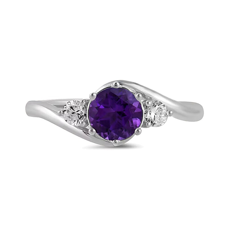 6.0mm Amethyst and 0.2 CT. TW Lab-Grown Diamond Three Stone Bypass Ring in 14K White Gold