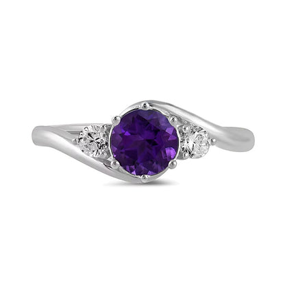 6.0mm Amethyst and 0.2 CT. TW Lab-Grown Diamond Three Stone Bypass Ring in 14K White Gold