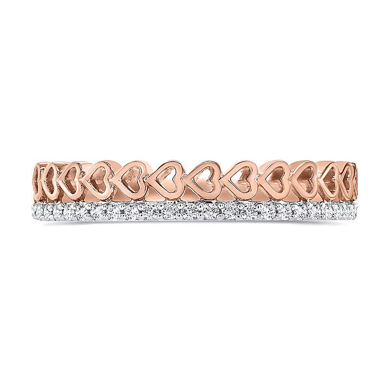 0.13 CT. TW Diamond Edge and Hearts Double Row Stackable Band in 10K Rose Gold