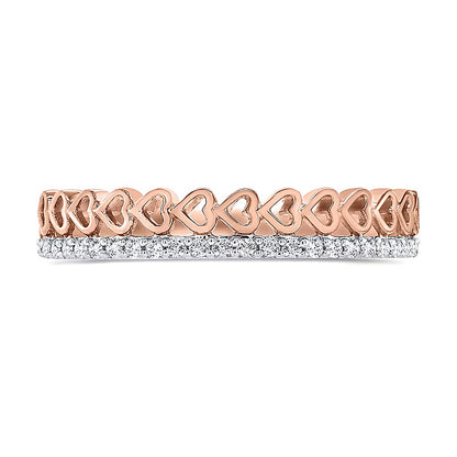 0.13 CT. TW Diamond Edge and Hearts Double Row Stackable Band in 10K Rose Gold